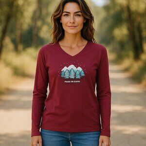 Life is Good W's Snowy Mountain Pine Trees Long Sleeve Crusher Vee